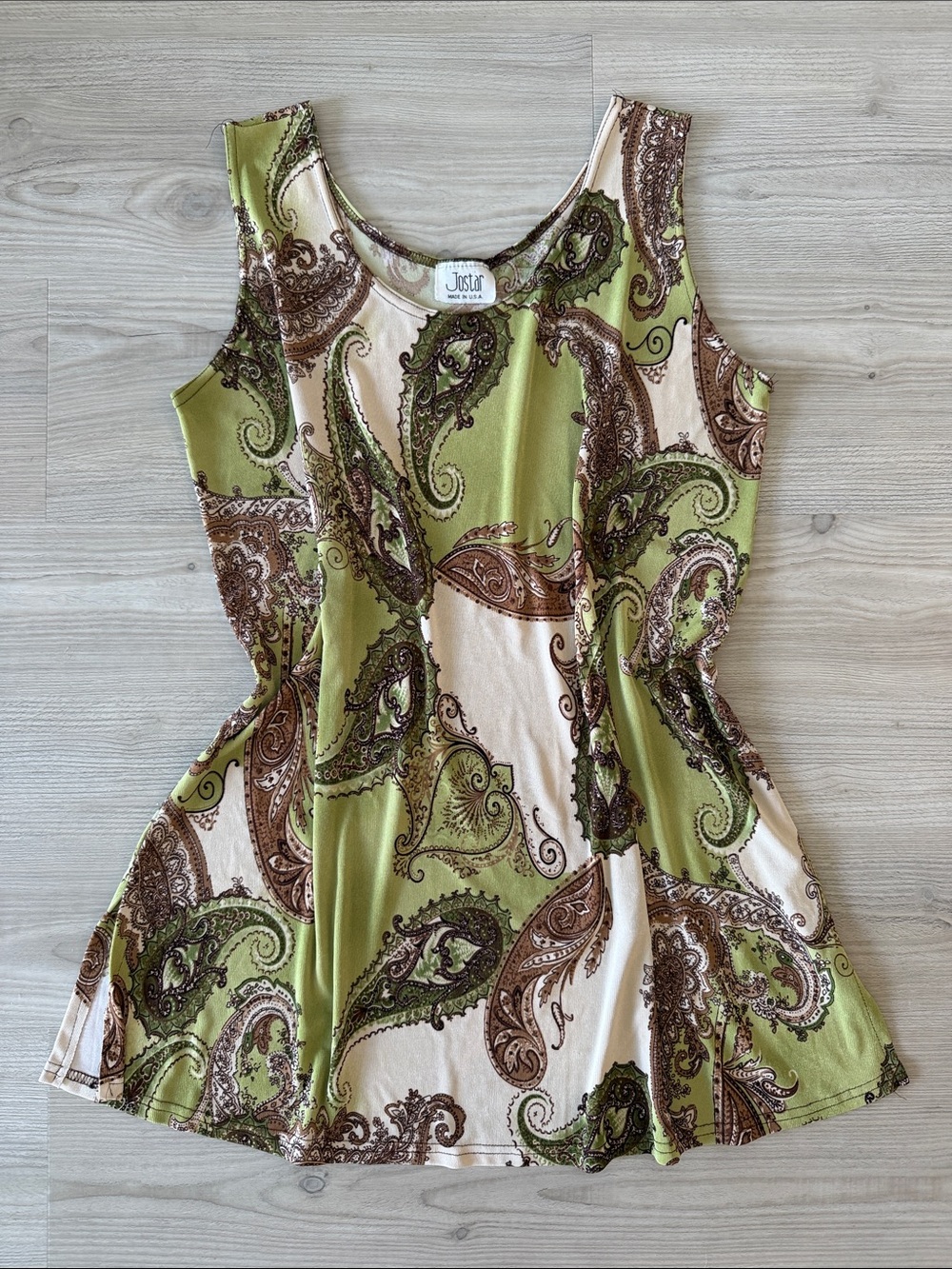 Vintage Justa Paisley Mini Dress Green Brown Made in USA
